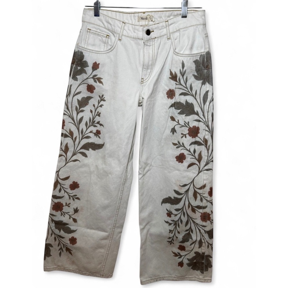 Nicoli White Floral Embroidered Wide Leg Denim Jeans Size 40 Boho High Rise